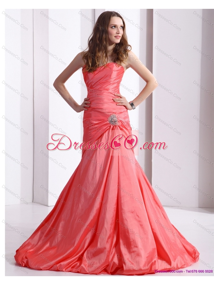 Affordable Ruching and Beading Prom Dress with Brush Train