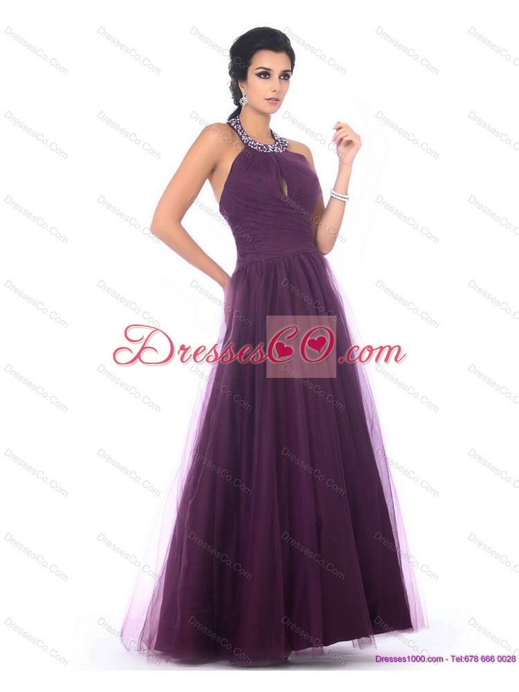 Halter Top Prom Dress with Ruching and Beading