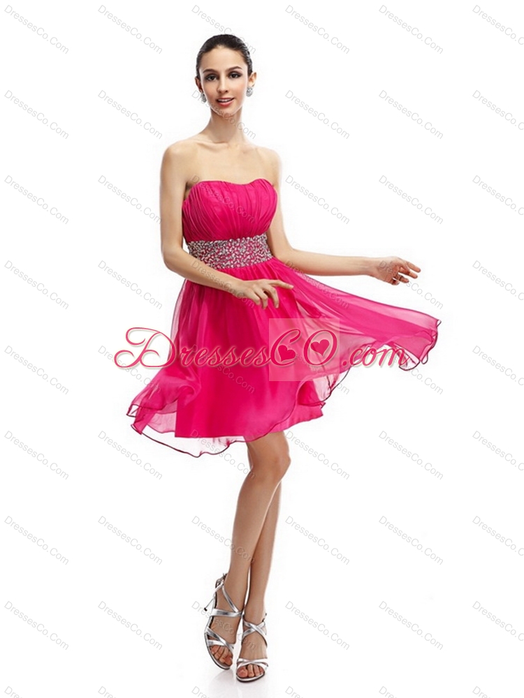 Coral Red Strapless Short Prom Dress with Ruching and Rhinestones