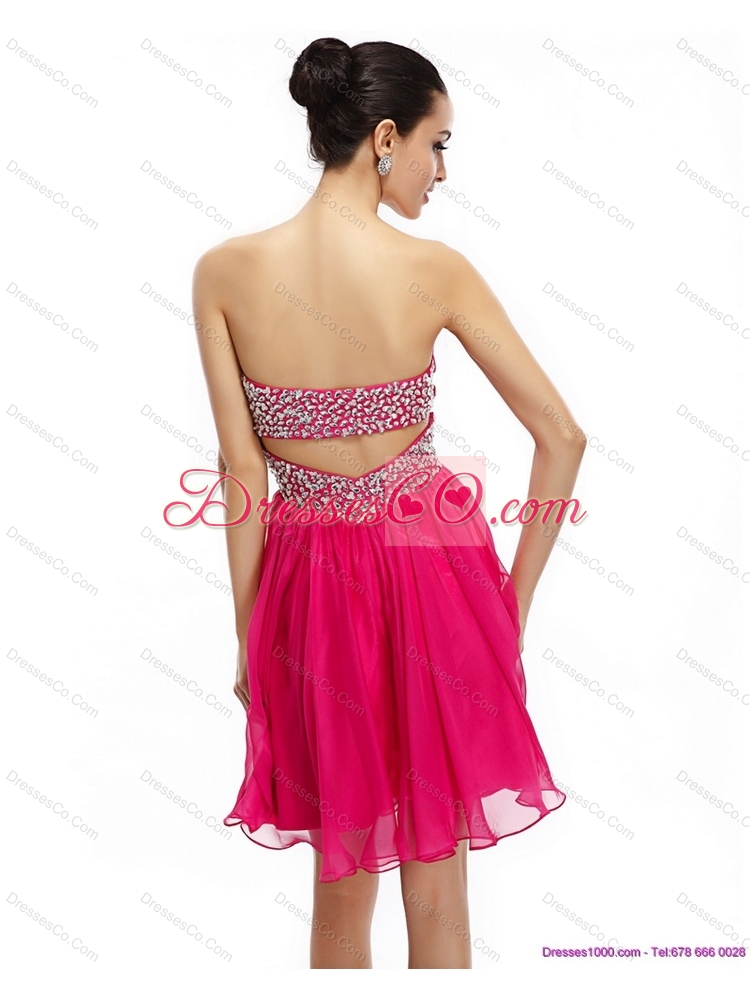 Coral Red Strapless Short Prom Dress with Ruching and Rhinestones