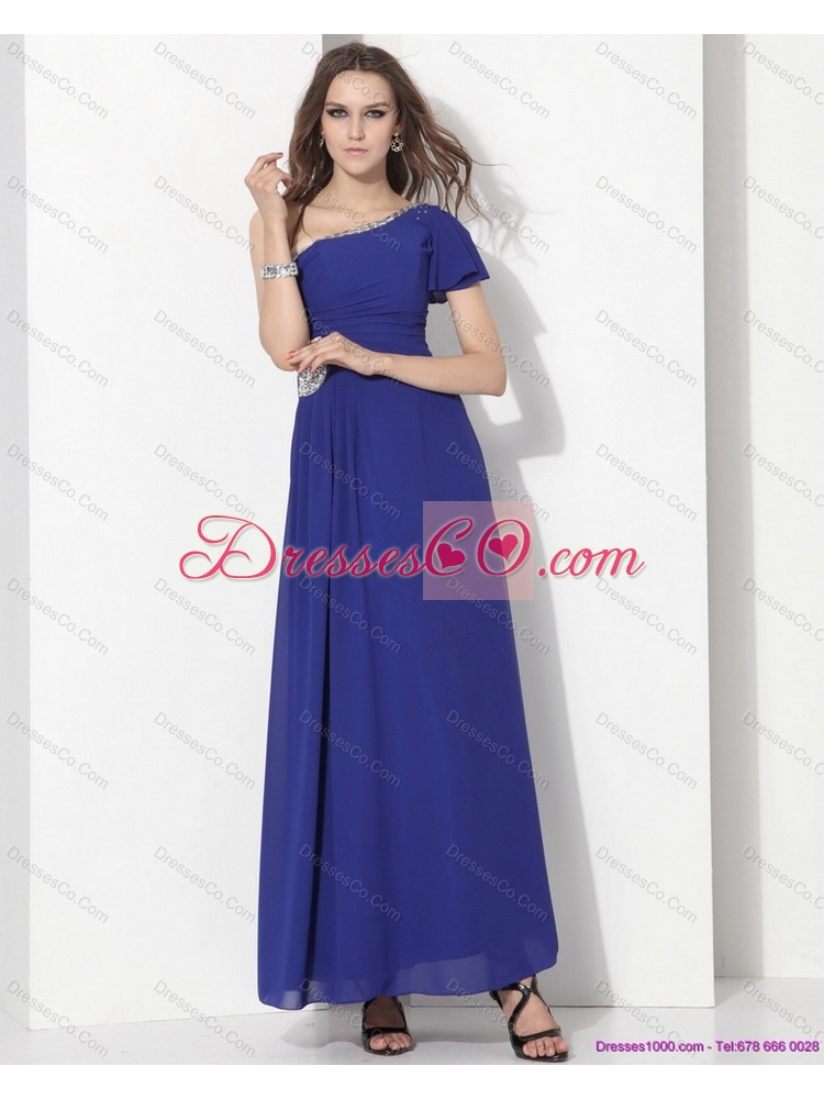 One Shoulder Blue Prom Dress with Ruching and Beading