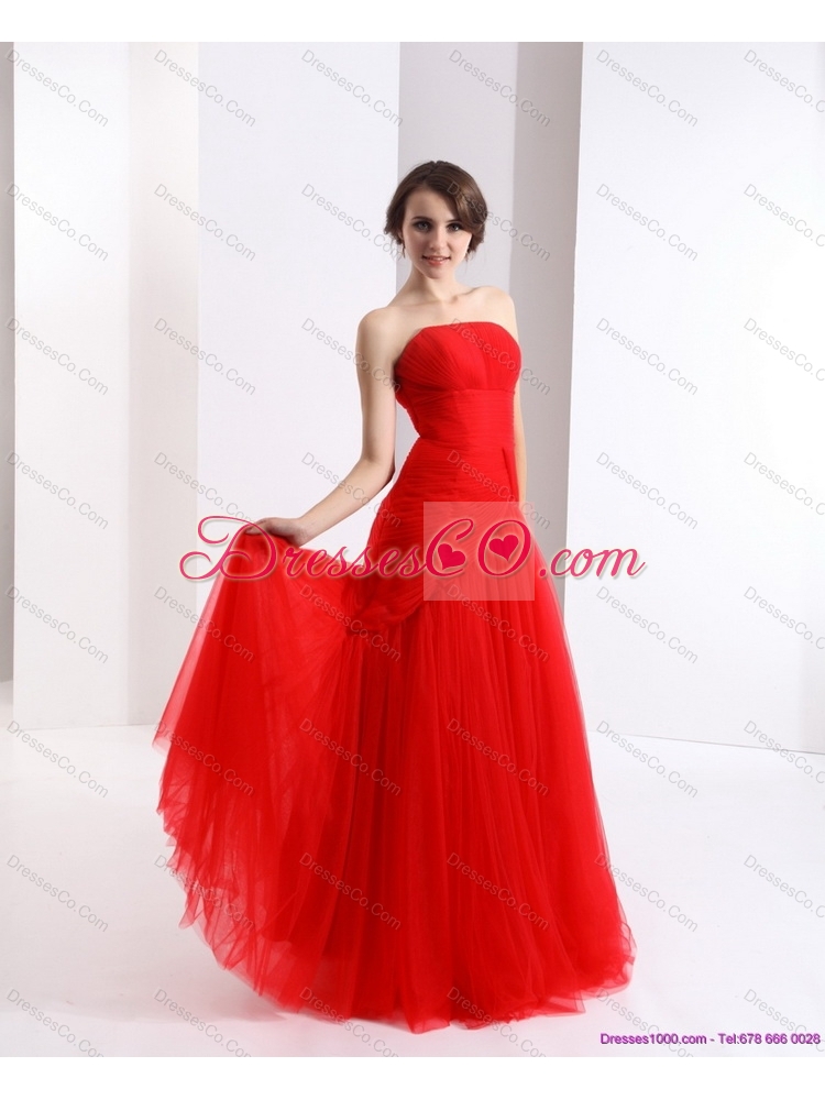 Classical Strapless Floor Length Ruching Prom Dress in Red