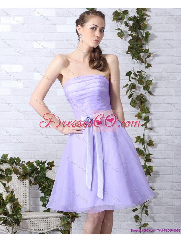 Cute Lilac Strapless Ruching Mini Length Prom Dress with Bownot