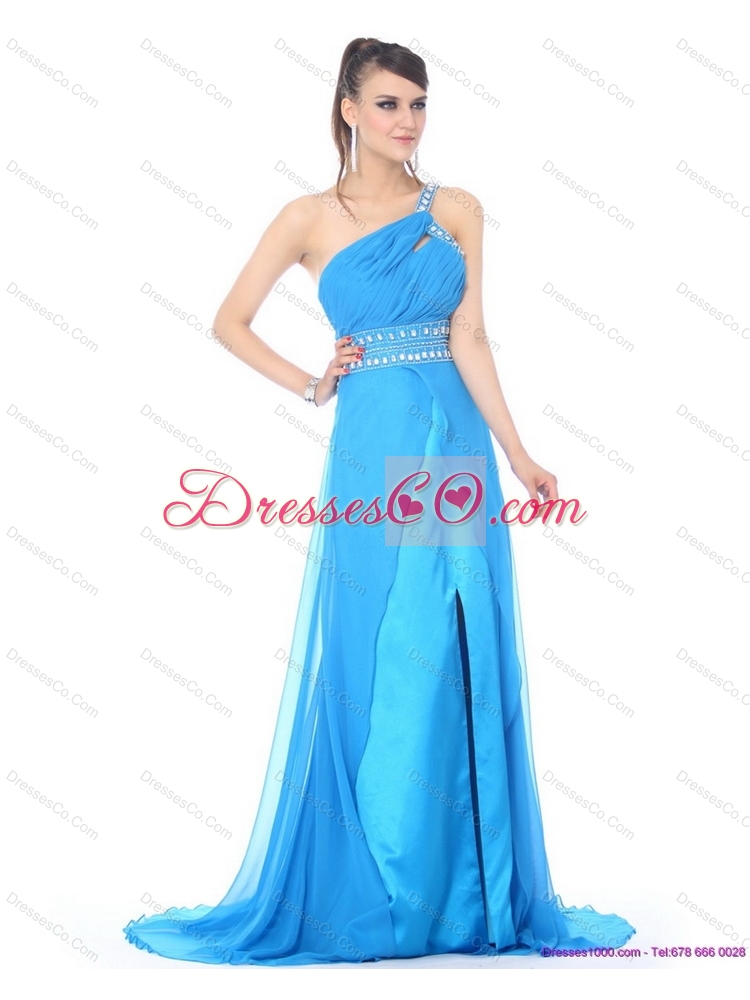 Elegant  One Shoulder Blue Long Prom Dress with Rhinestones