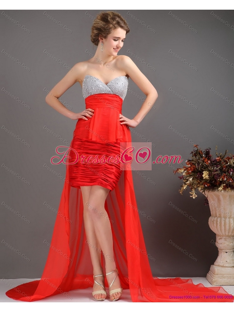 High Low Brush Train Red Prom Dress with Ruching and Beading