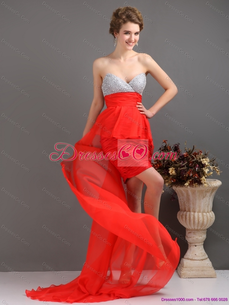 High Low Brush Train Red Prom Dress with Ruching and Beading