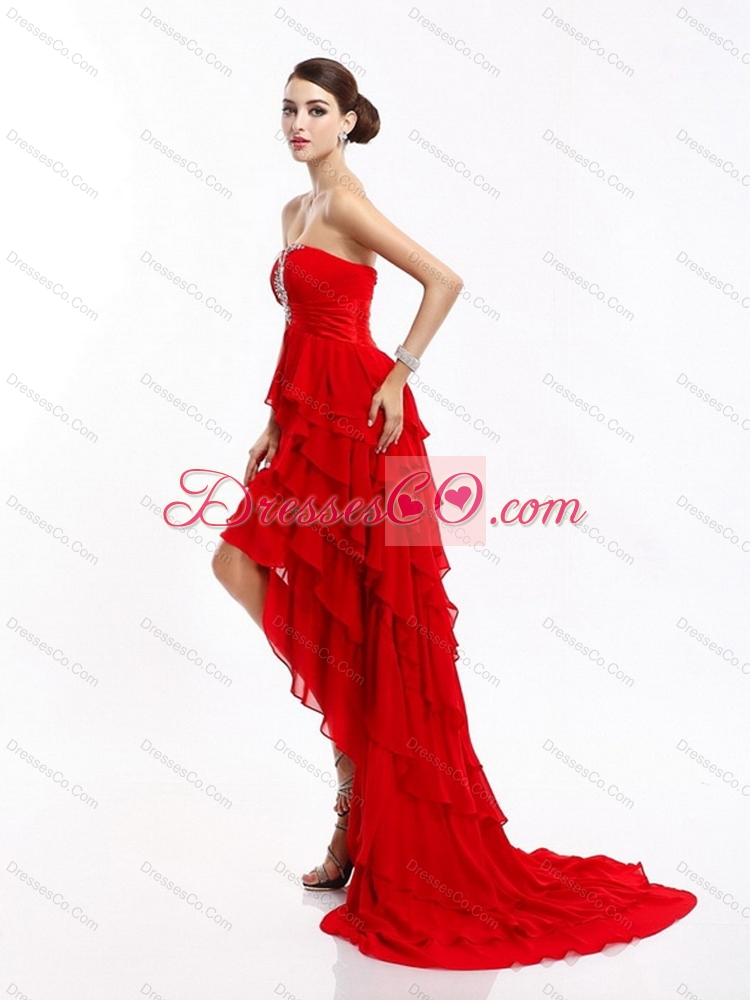 High Low Ruffled Layers Beading Red Prom Dress