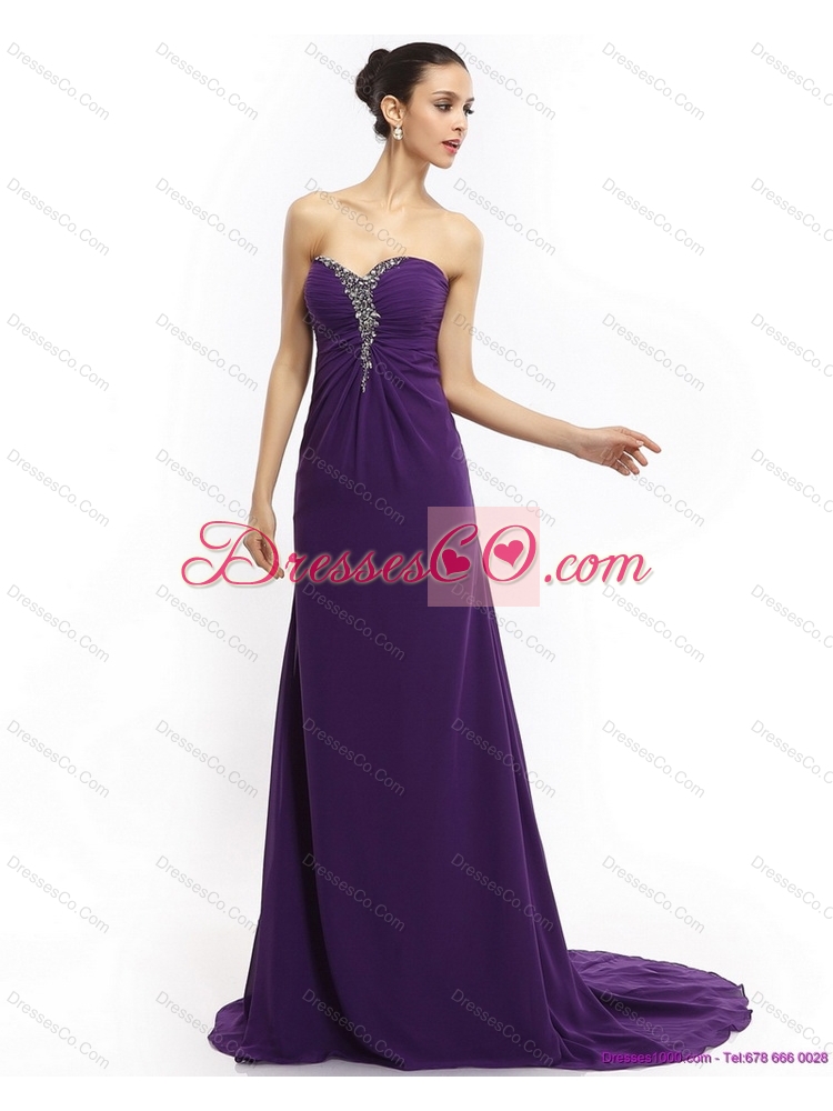 New Style  Brush Train Prom Dress with Ruching and Beading