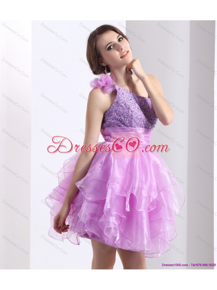 One Shoulder Lilac Prom Dress with Beading and Hand Made Flower
