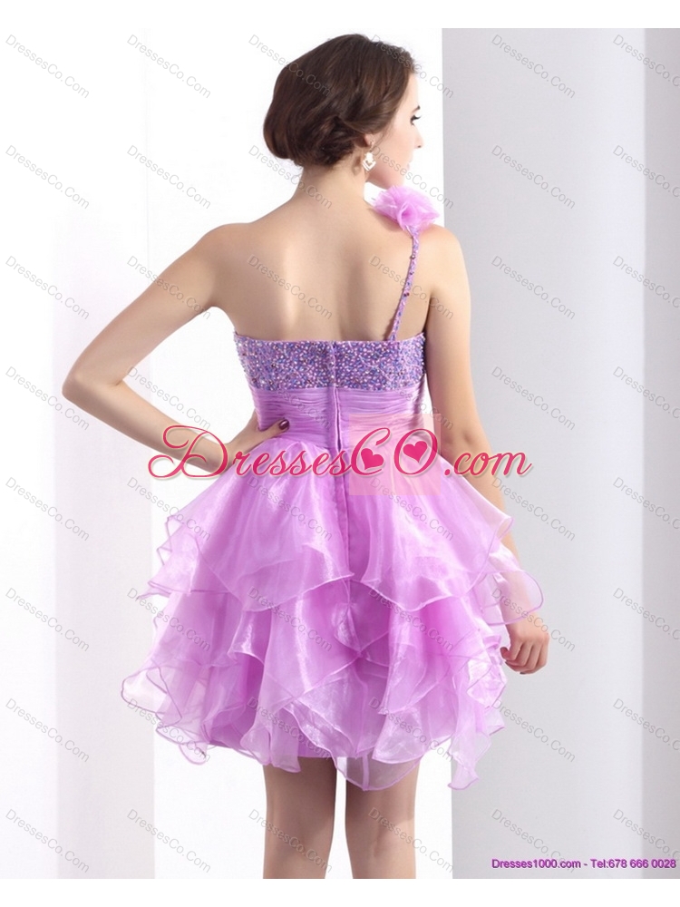 One Shoulder Lilac Prom Dress with Beading and Hand Made Flower