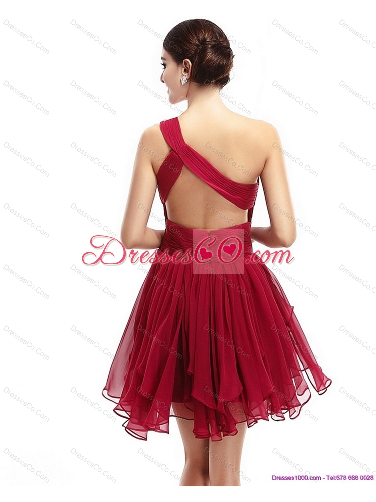 One Shoulder Ruching Mini Length Prom Dress with Beading