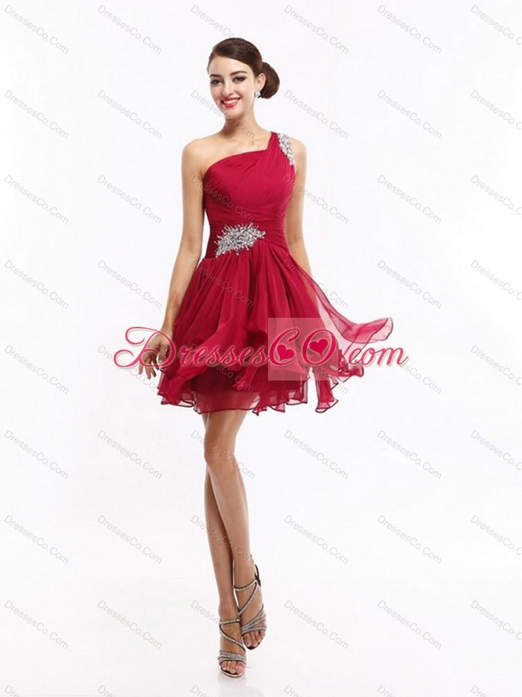 One Shoulder Ruching Mini Length Prom Dress with Beading