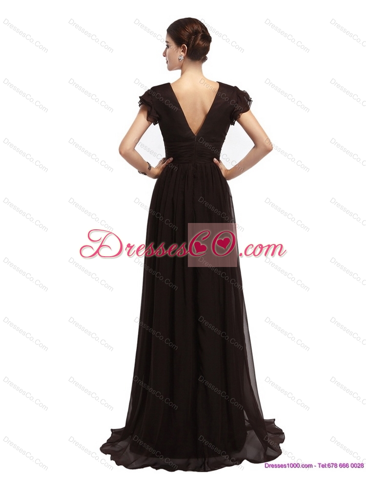 Popular Cap Sleeves and Brush Train  Prom Dress in Black