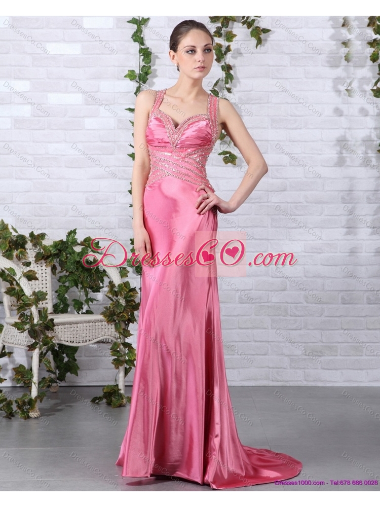 Rose Pink Beading Long Prom Dress with Brush Train
