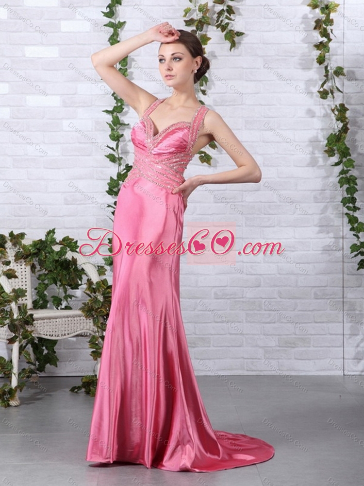 Rose Pink Beading Long Prom Dress with Brush Train