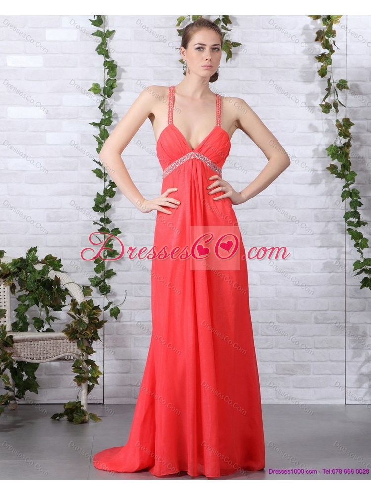 Spaghetti Straps Prom Dress with Ruching and Beading