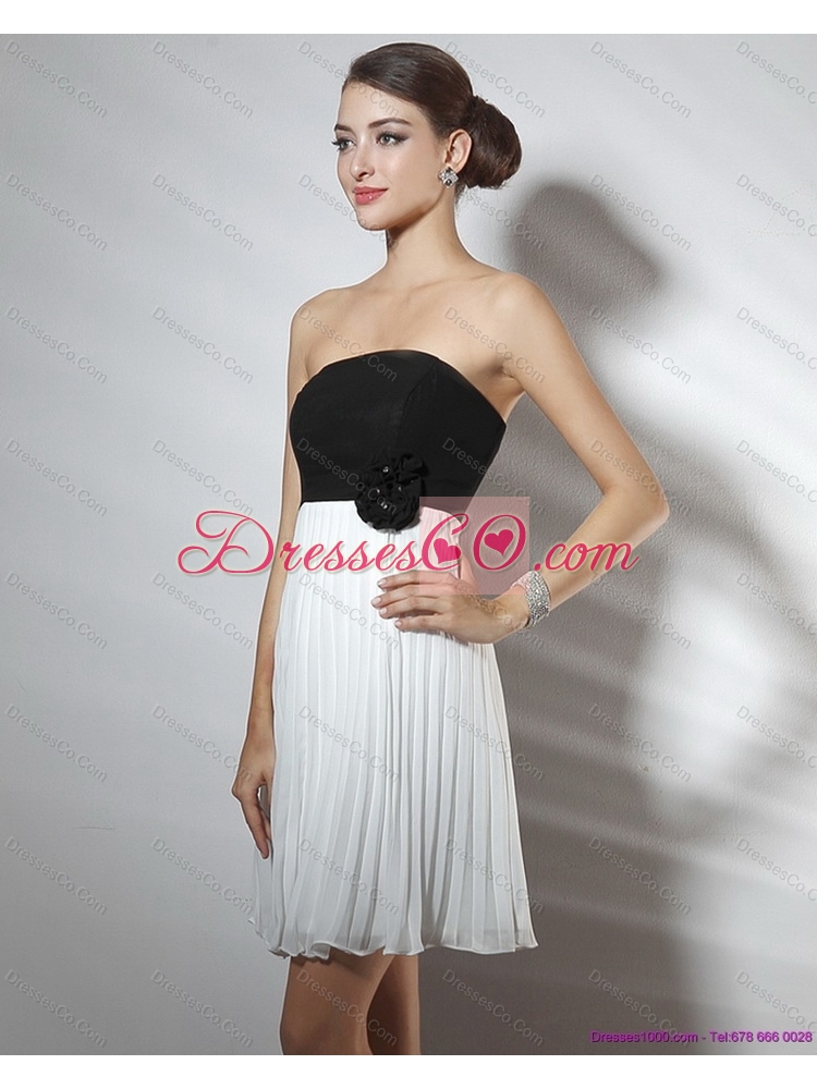 Strapless Ruching and Hand Made Flower Prom Dress in White and Black
