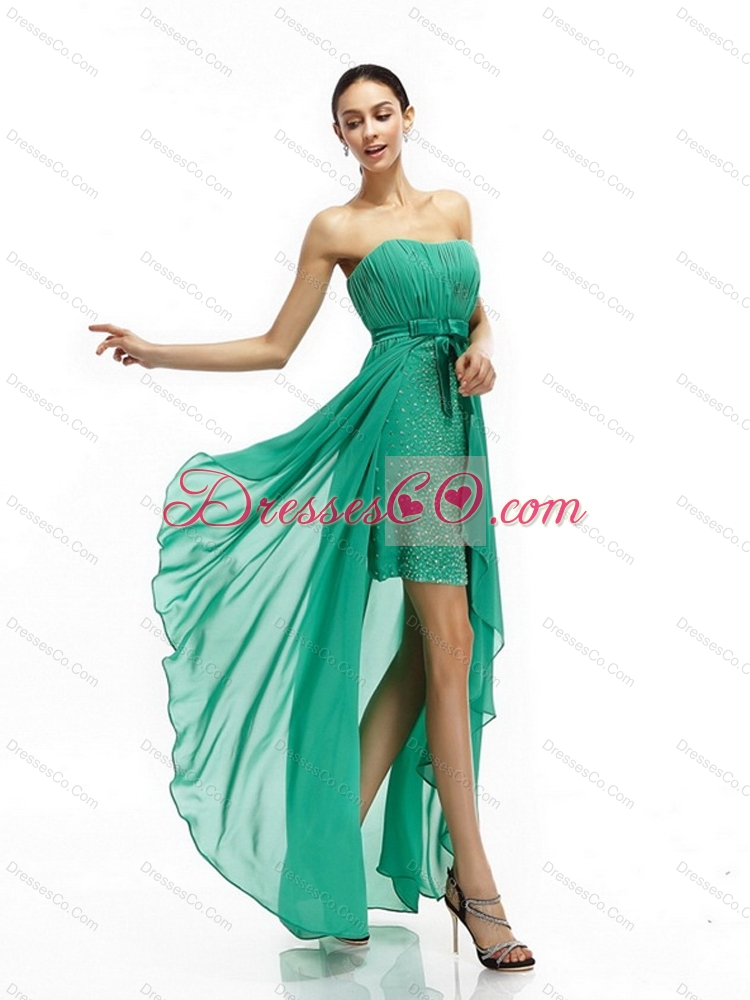 Turquoise High Low Beading Prom Dress with Ruching and Bowknot