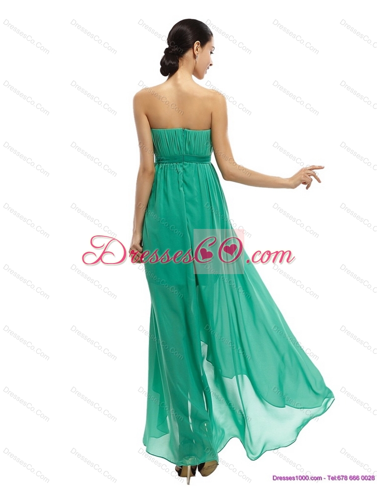 Turquoise High Low Beading Prom Dress with Ruching and Bowknot