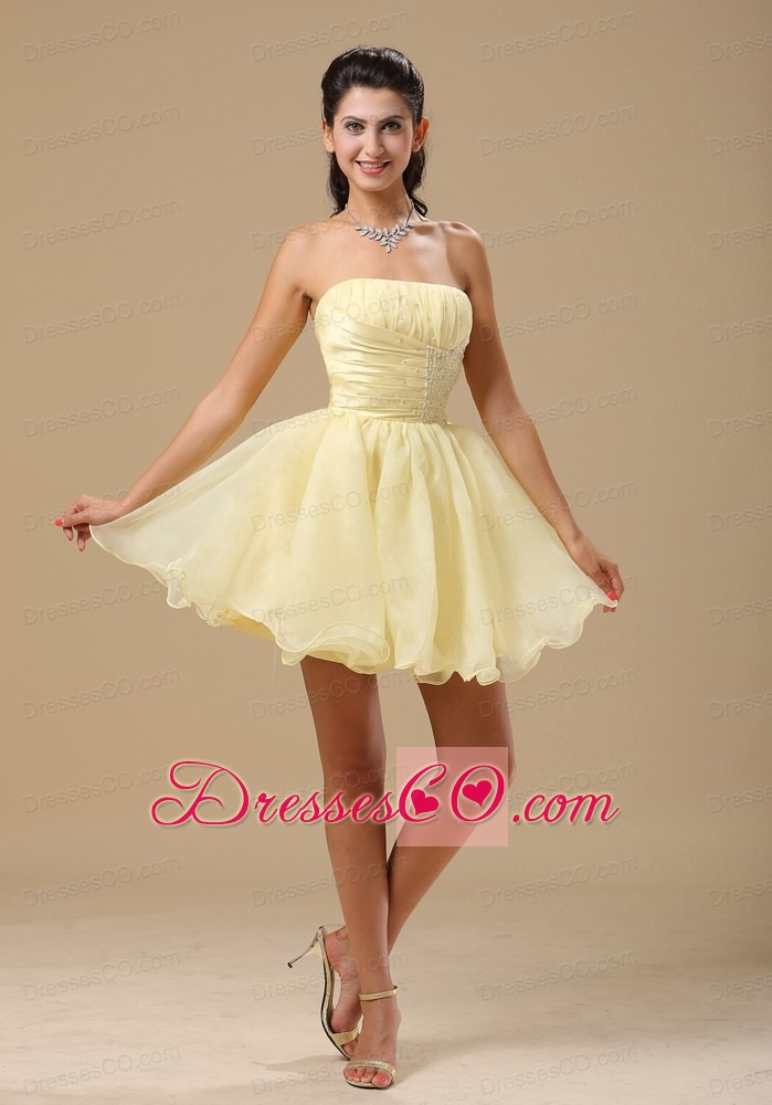 Light Yellow Prom Dress With Beading and Ruched Bodice
