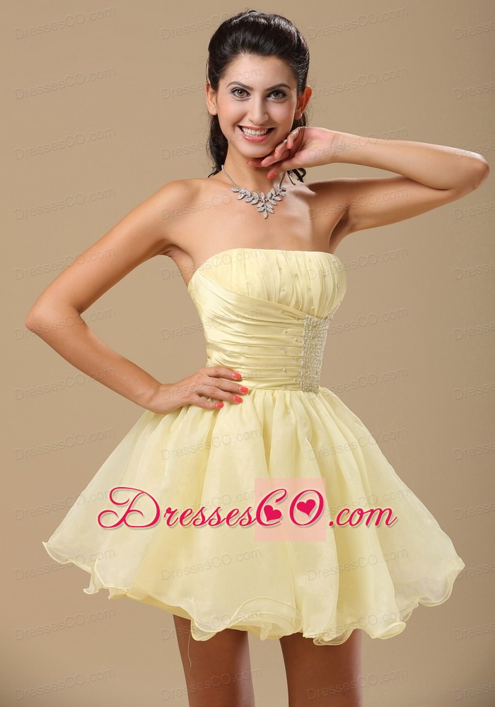 Light Yellow Prom Dress With Beading and Ruched Bodice