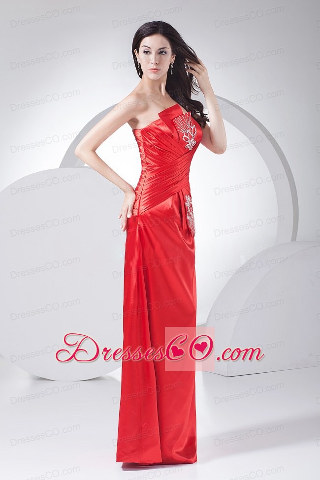 Beading Decorate Bodice Long Prom Dress Strapless Red Taffeta