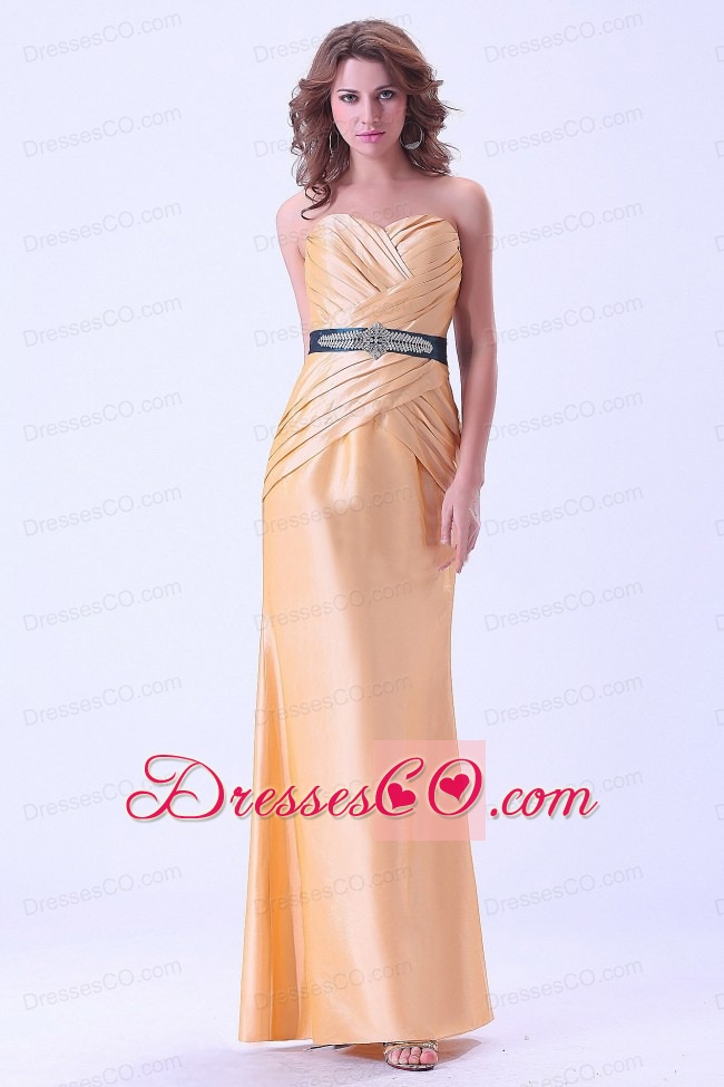 Gold Mermaid Prom Dress With Belt And Ruching Long