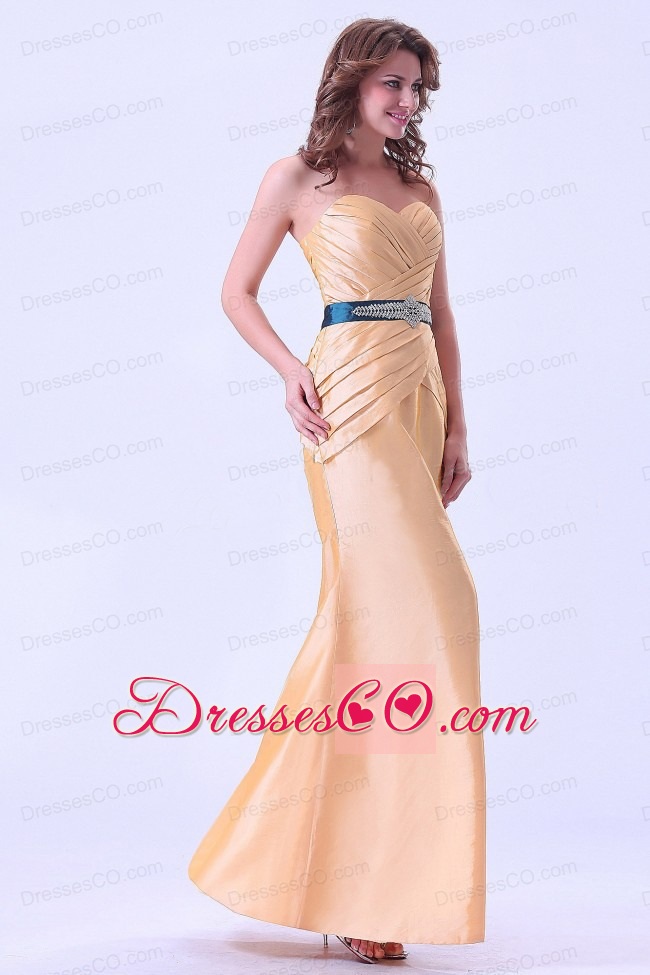 Gold Mermaid Prom Dress With Belt And Ruching Long