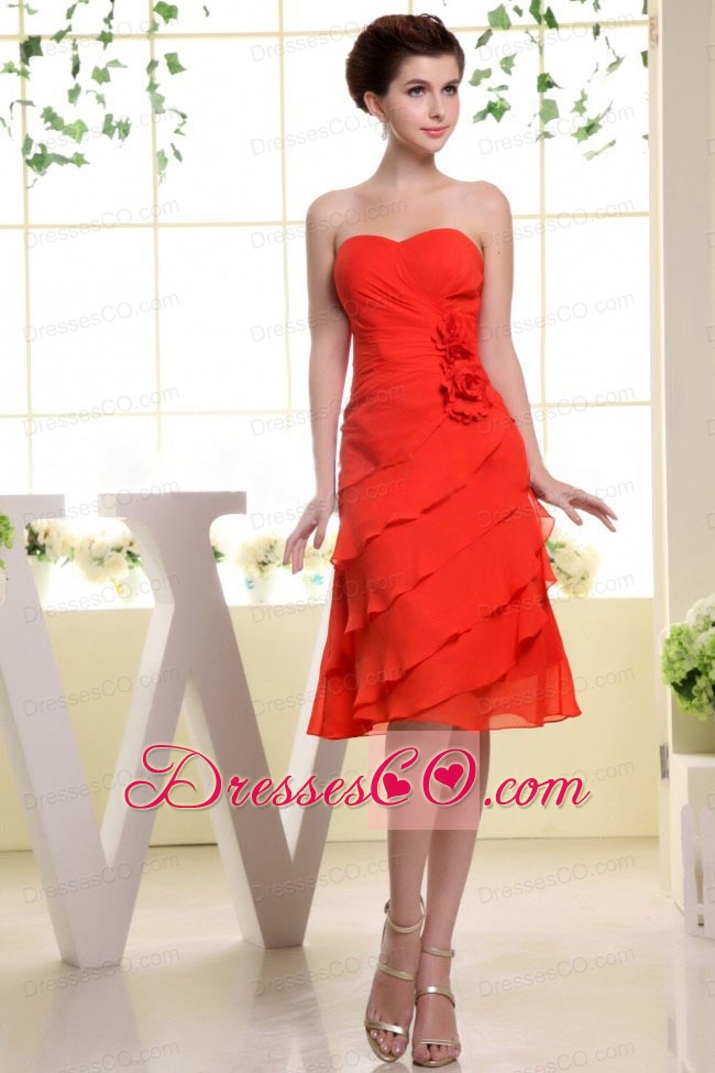 Red Homecoming Dress With Hand Made Flowers and Ruffles