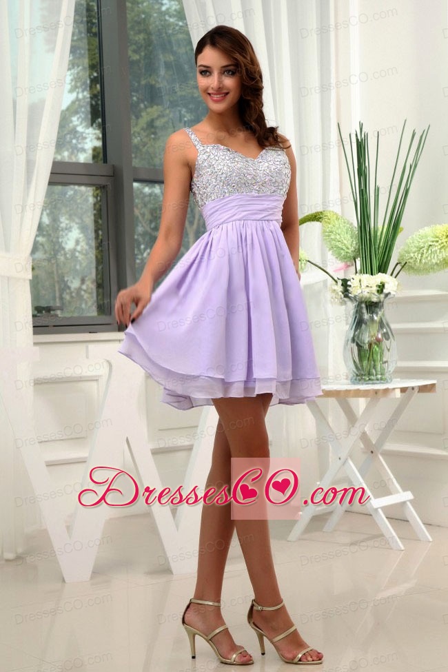 Beading Straps Chiffon Mini-length A-line Lilac Prom Dress