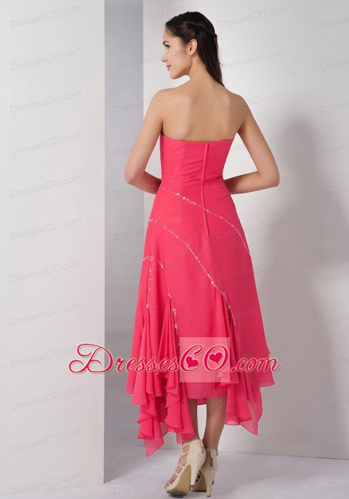 Coral Red Empire Strapless Tea-length Chiffon Beading Bridesmaid Dress