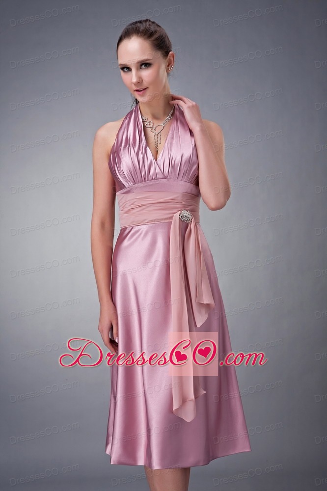Custom Made Light Pink Empire Halter Bridesmaid Dress Satin Beading Tea-length