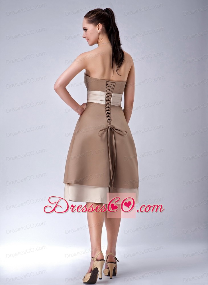 Brand New Brown Empire Strapless Bridesmaid Dress Sash Tea-length Satin