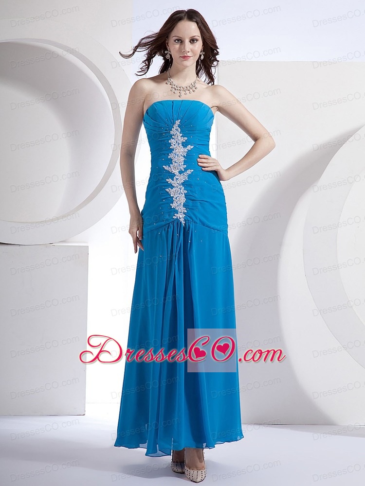 Blue Prom Dress With Appliques Ankle-length Chiffon For Custom Made