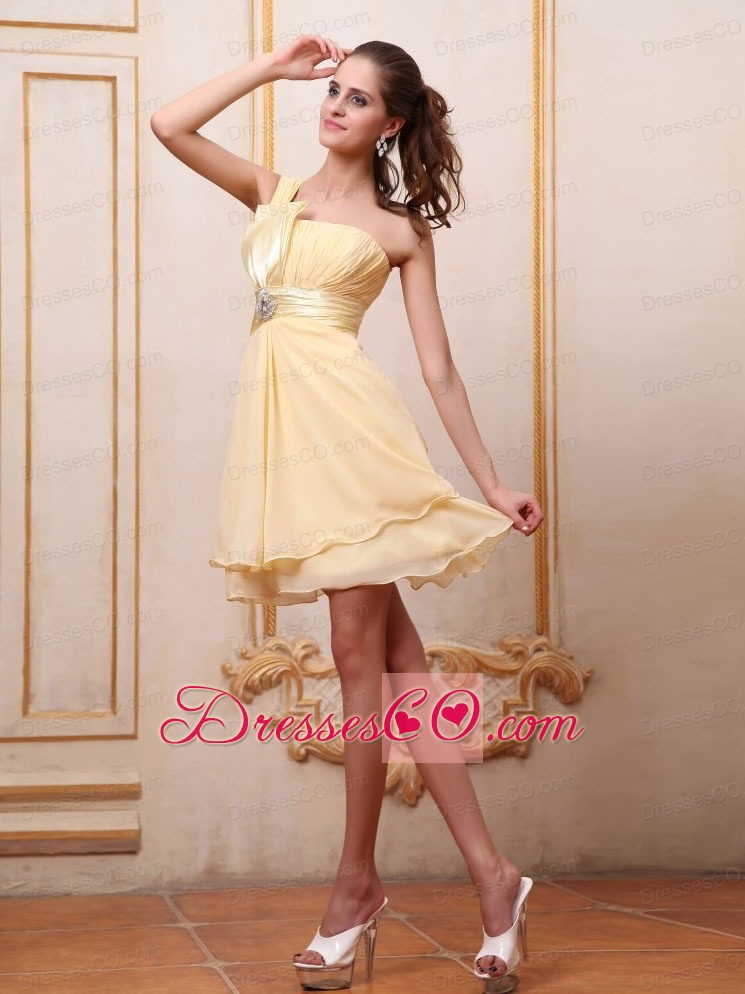 Yellow One Shoulder Prom / Homecoming Dress With Beading Mini-length Chiffon