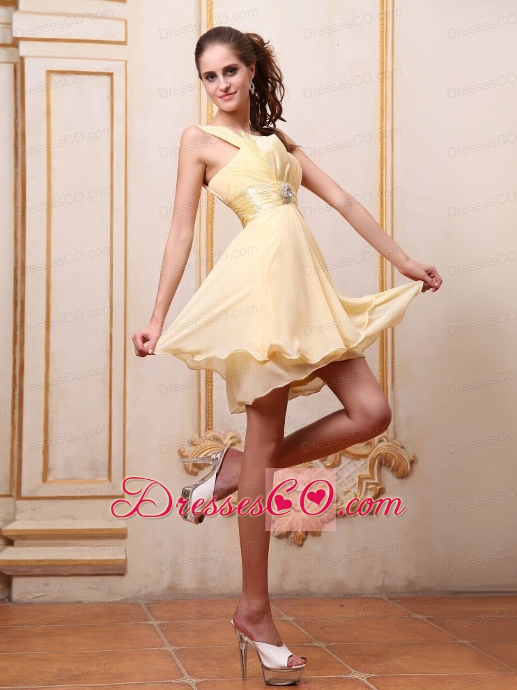Yellow One Shoulder Prom / Homecoming Dress With Beading Mini-length Chiffon
