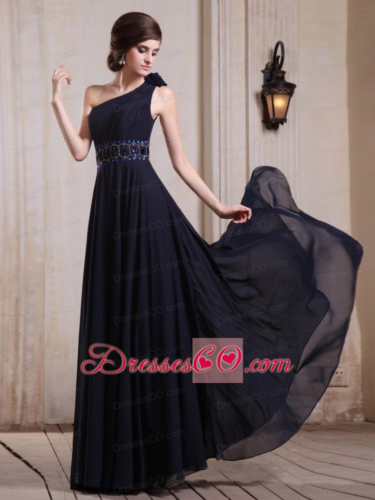 Navy Blue Prom / Evening Dress With One Shoulder Beaded and Hand Made Flower Chiffon