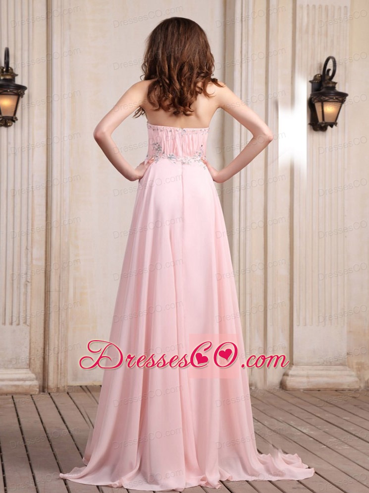 Baby Pink Prom Dress With Beaded Chiffon Brush Train For Party
