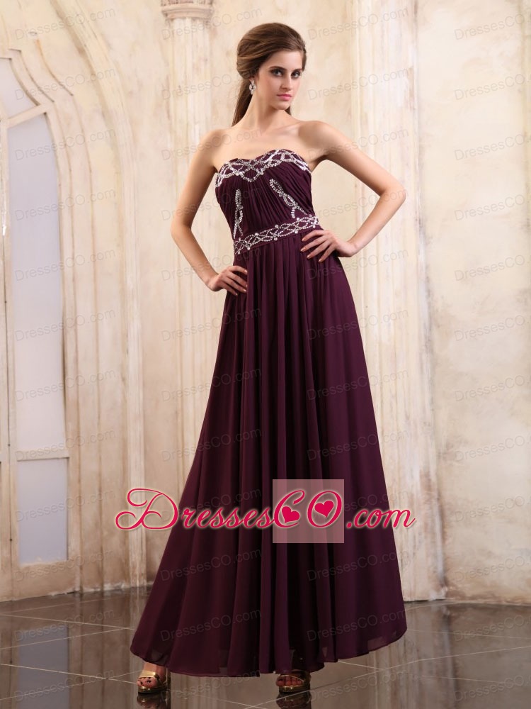 Dark Purple Prom Dress With Beaded Ankle-length Chiffon Sweetheart