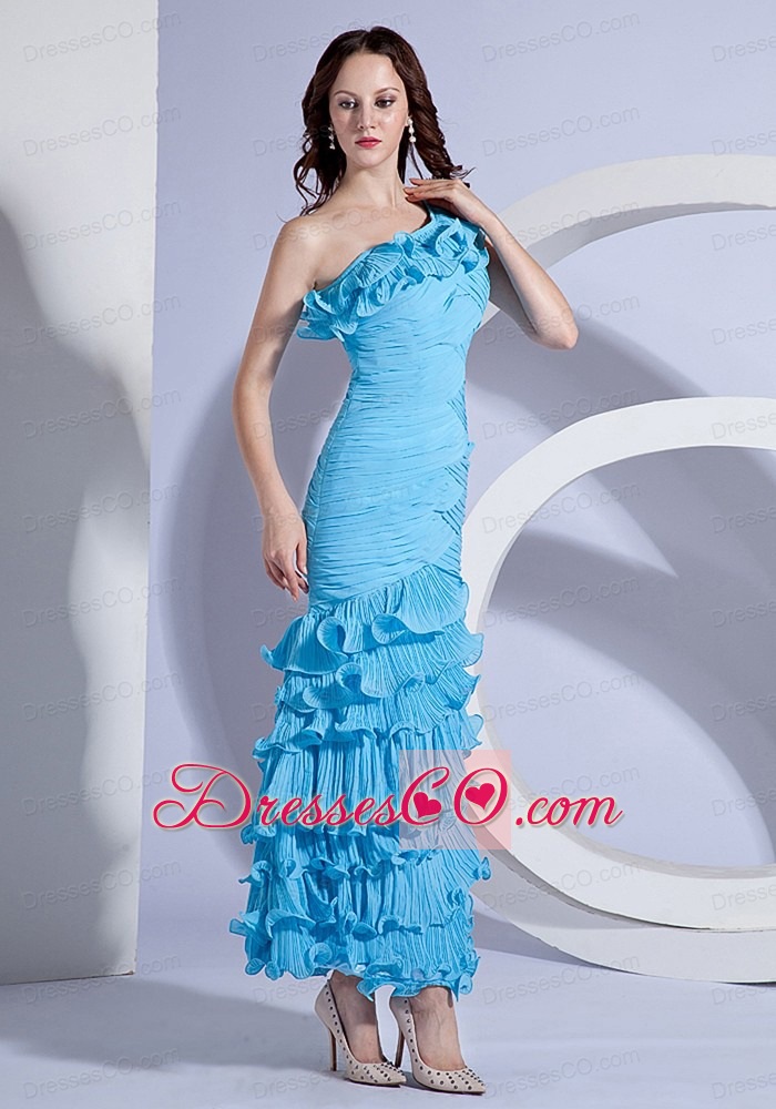 Pleat Decorate Bodcie One Shoulder Aqua Blue Ankle-length Prom Dress