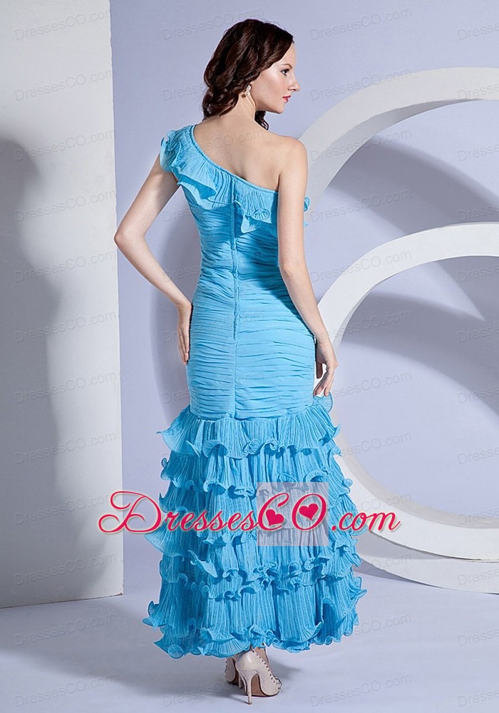 Pleat Decorate Bodcie One Shoulder Aqua Blue Ankle-length Prom Dress