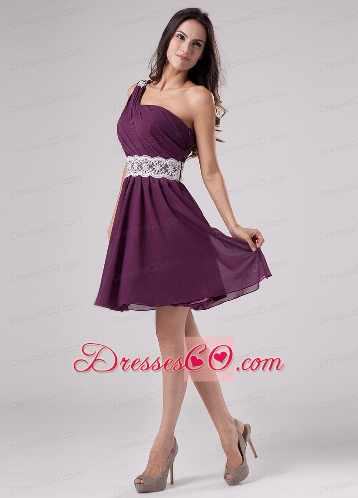 Dark Purple One Shoulder Prom Dress With Sash and Ruching Chiffon