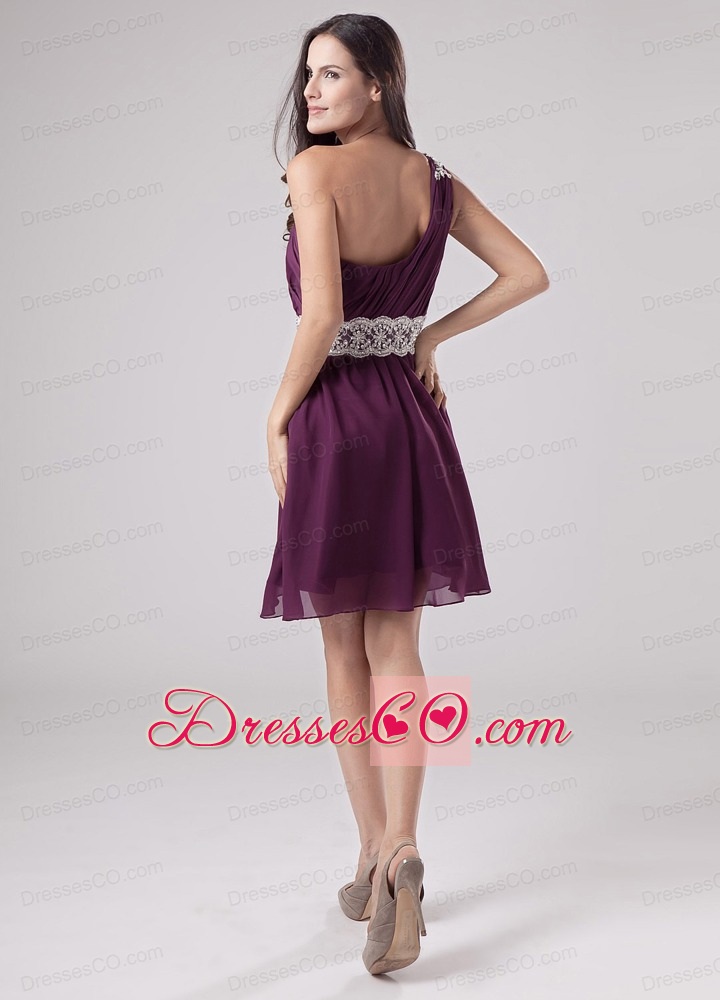 Dark Purple One Shoulder Prom Dress With Sash and Ruching Chiffon