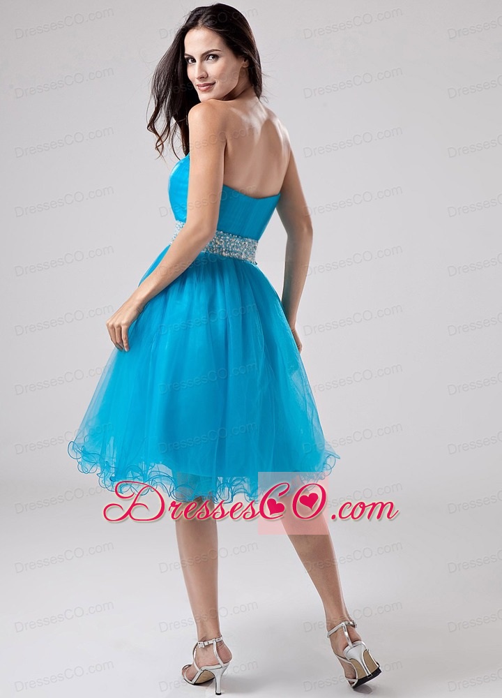 Teal Strapless Prom Dress With Sash and Ruched With Organza
