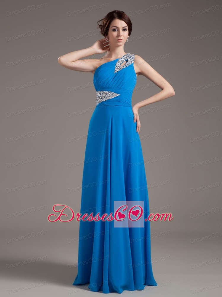 Beading Decorate Bodice One Shoulder Blue Chiffon Prom Dress Long