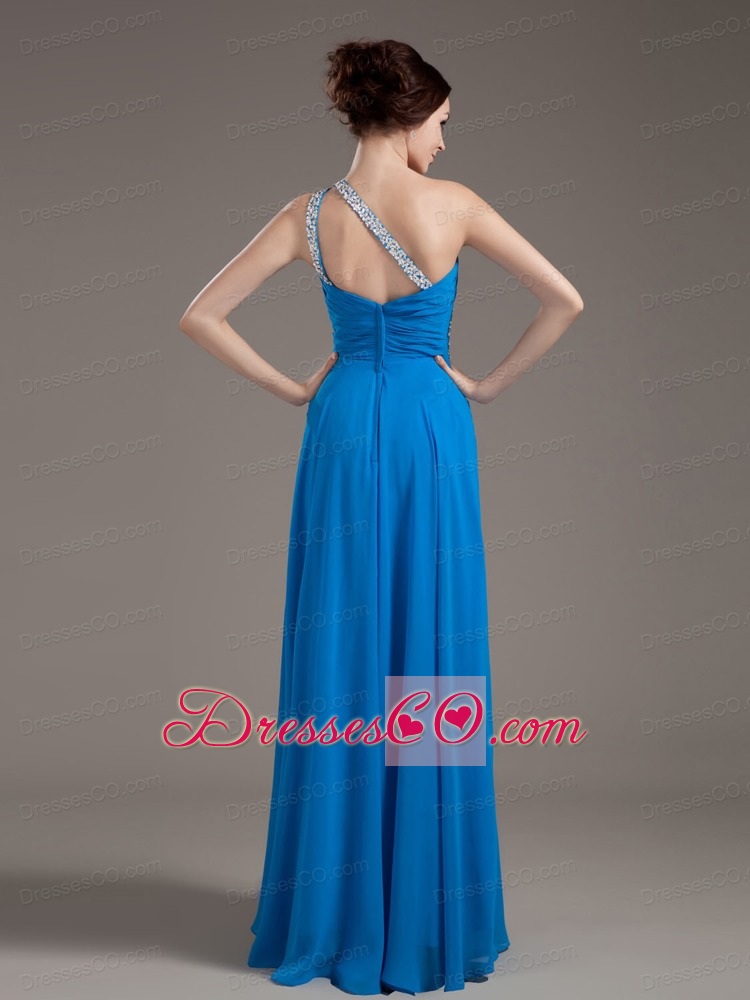 Beading Decorate Bodice One Shoulder Blue Chiffon Prom Dress Long