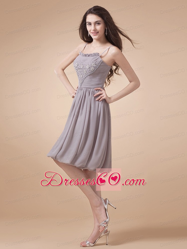 Spaghetti Straps For Grey Prom Dress With Beading Knee-length