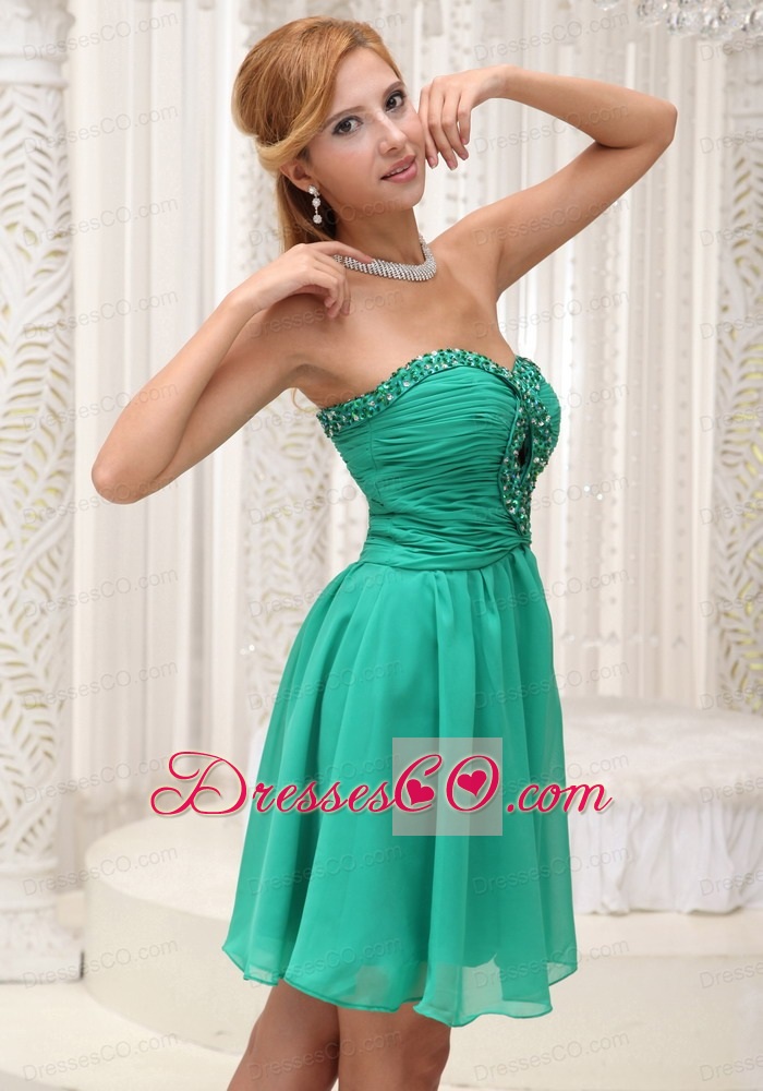 Ruched Bodice and Beaded Decorate Bust Simple Green Chiffon Gown For Prom Dress