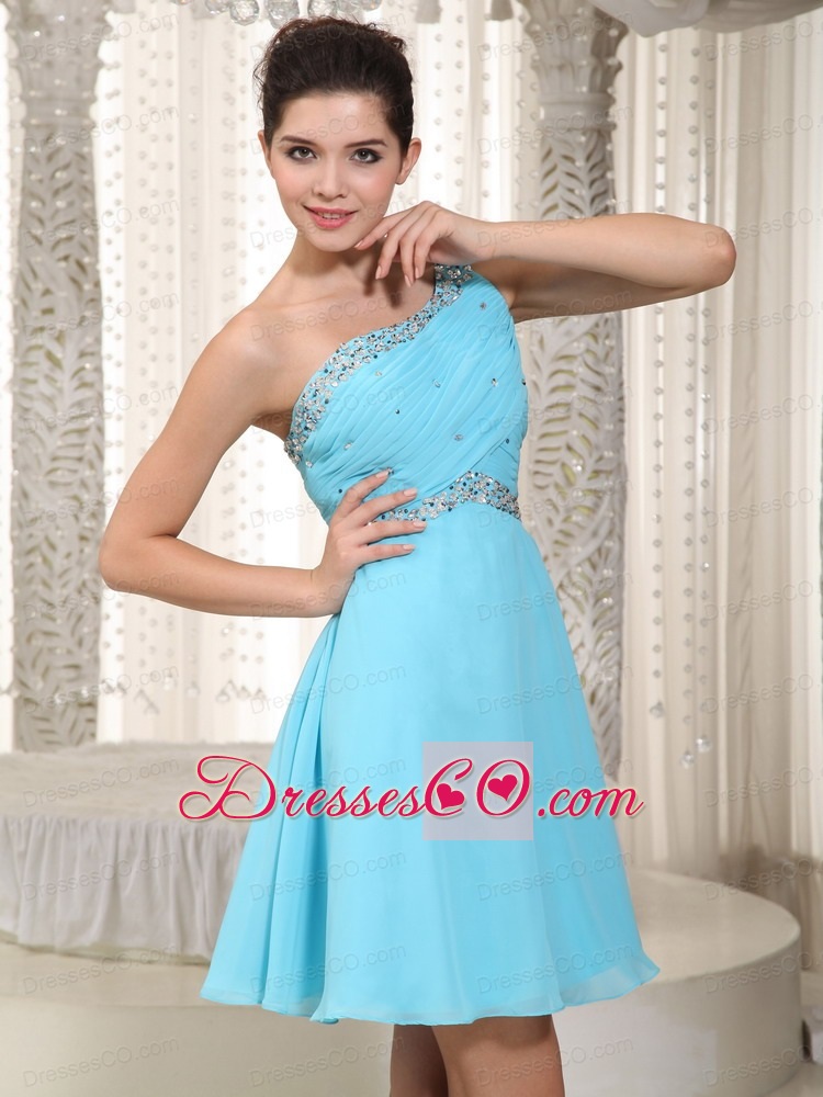Aqua Empire One Shoulder Mini-length Chiffon Beading Prom Dress