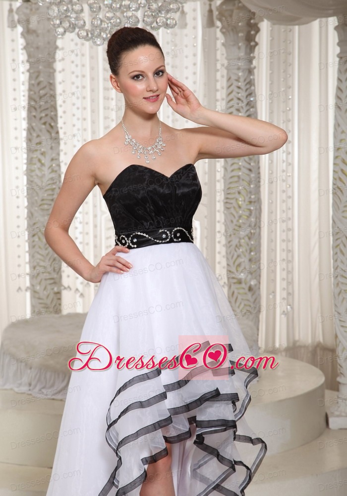 Black and White Organza High-low Homecoming Dess Belt Deading Decorate